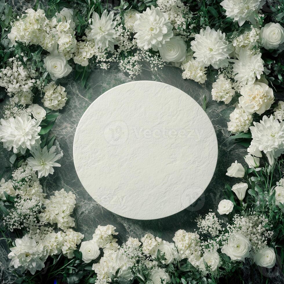 Top down view of an empty podium surrounded by white funeral flowers in a serene setting.f photo