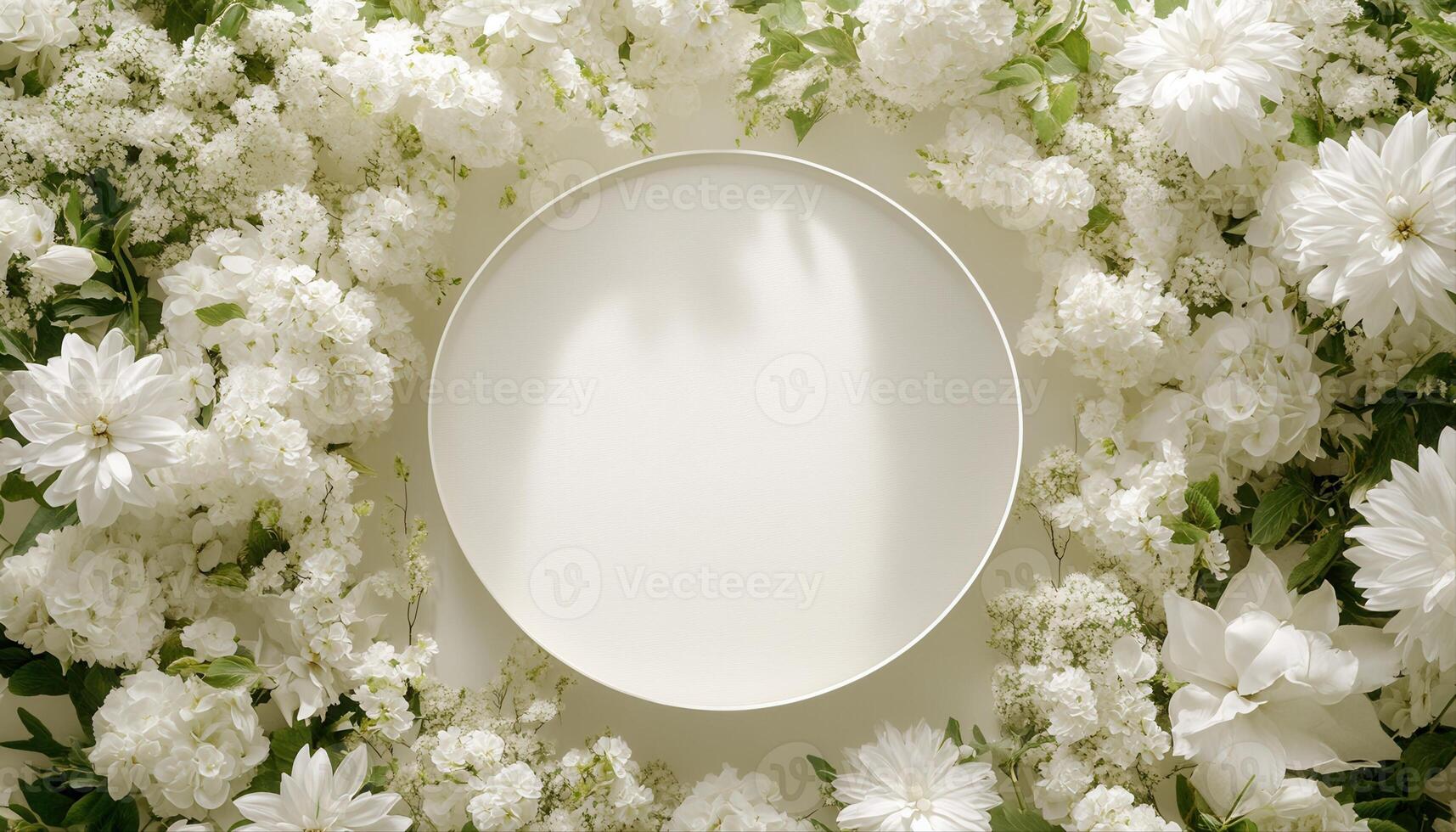 Top down view of an empty podium surrounded by white funeral flowers in a serene setting.y photo