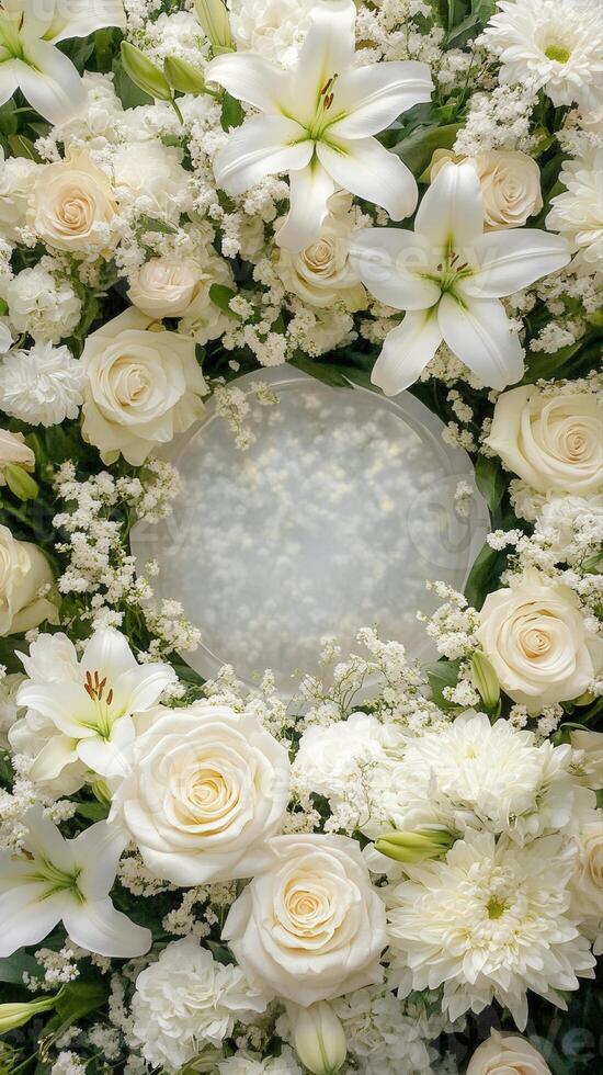 Top down view of an empty podium surrounded by white funeral flowers in a serene setting.k photo