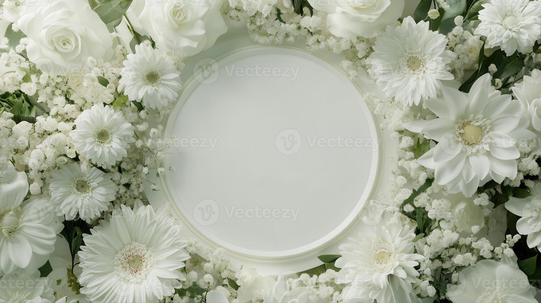 Top down view of an empty podium surrounded by white funeral flowers in a serene setting.t photo