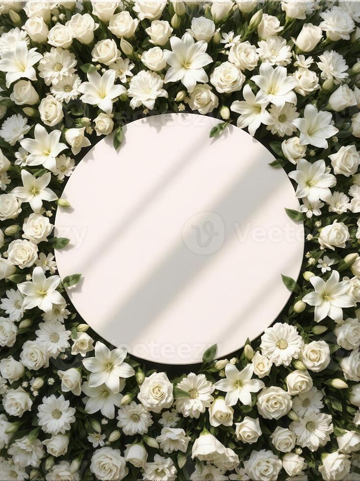 Top down view of an empty podium surrounded by white funeral flowers in a serene setting.1 photo