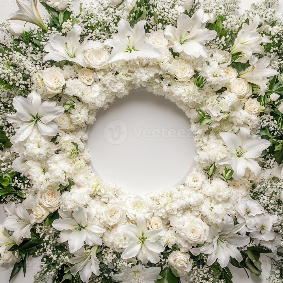 Top down view of an empty podium surrounded by white funeral flowers in a serene setting.j photo