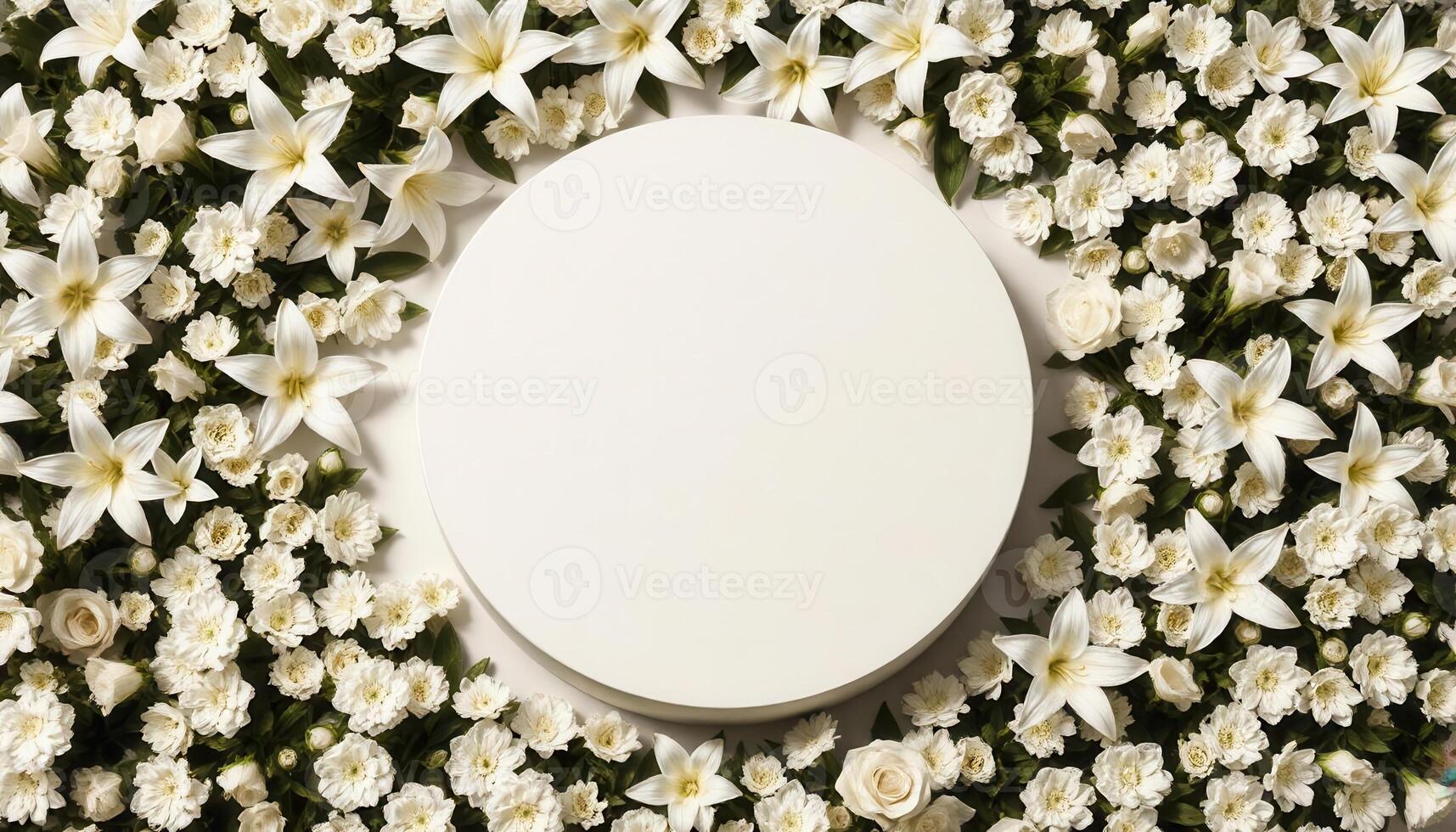Top down view of an empty podium surrounded by white funeral flowers in a serene setting.4 photo