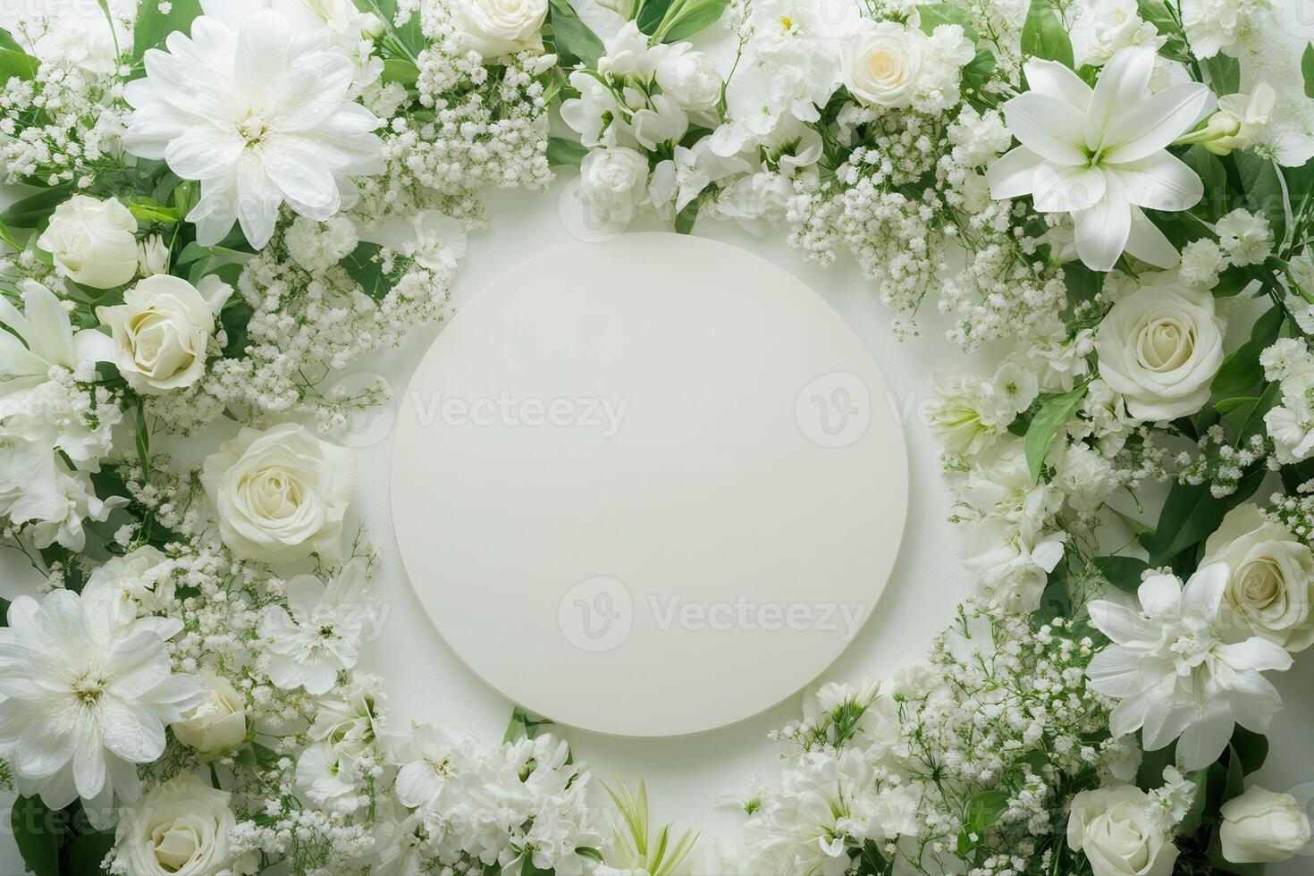 Top down view of an empty podium surrounded by white funeral flowers in a serene setting.d photo