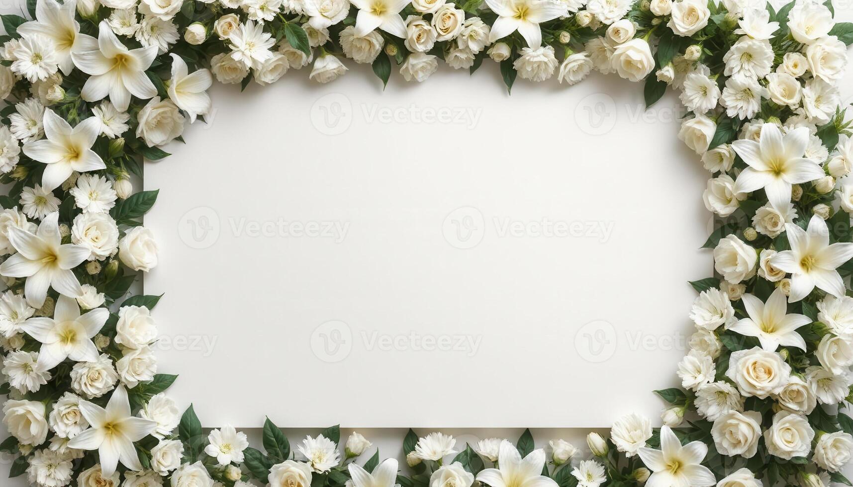 Top down view of an empty podium surrounded by white funeral flowers in a serene setting.20 photo