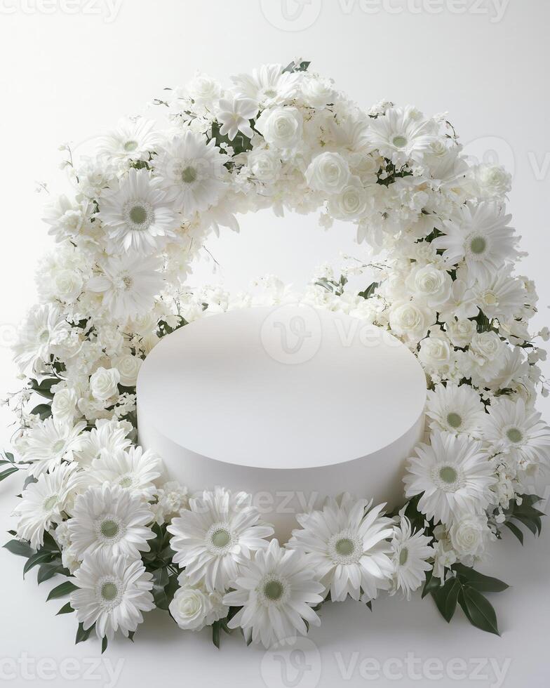 Top down view of an empty podium surrounded by white funeral flowers in a serene setting.m photo