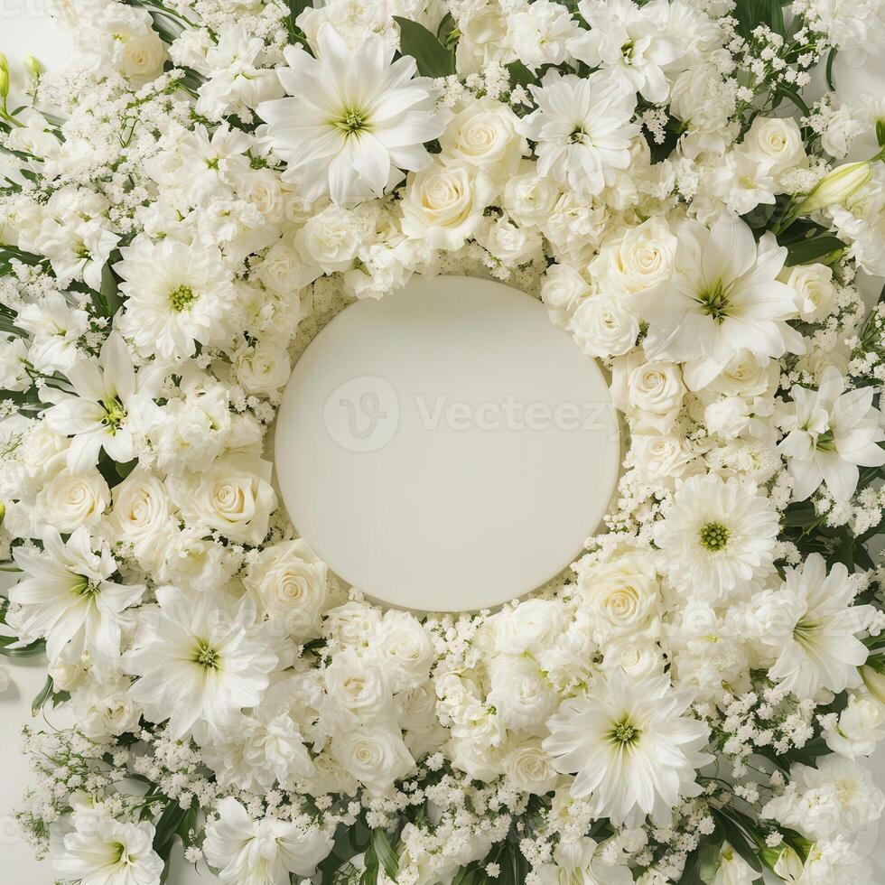 Top down view of an empty podium surrounded by white funeral flowers in a serene setting.0000000q photo
