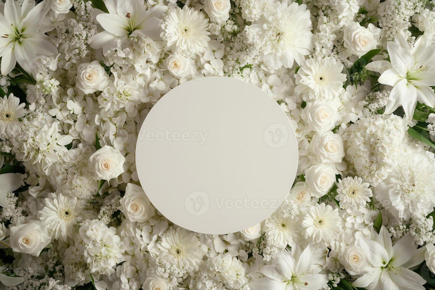 Top down view of an empty podium surrounded by white funeral flowers in a serene setting.p photo
