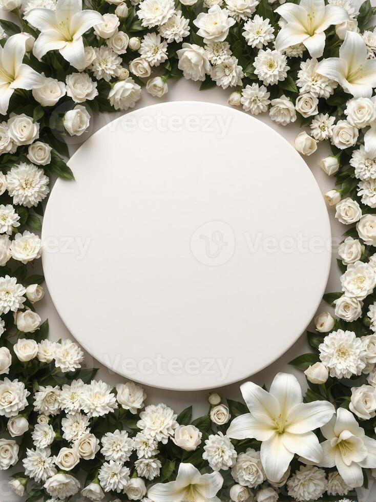 Top down view of an empty podium surrounded by white funeral flowers in a serene setting.9 photo