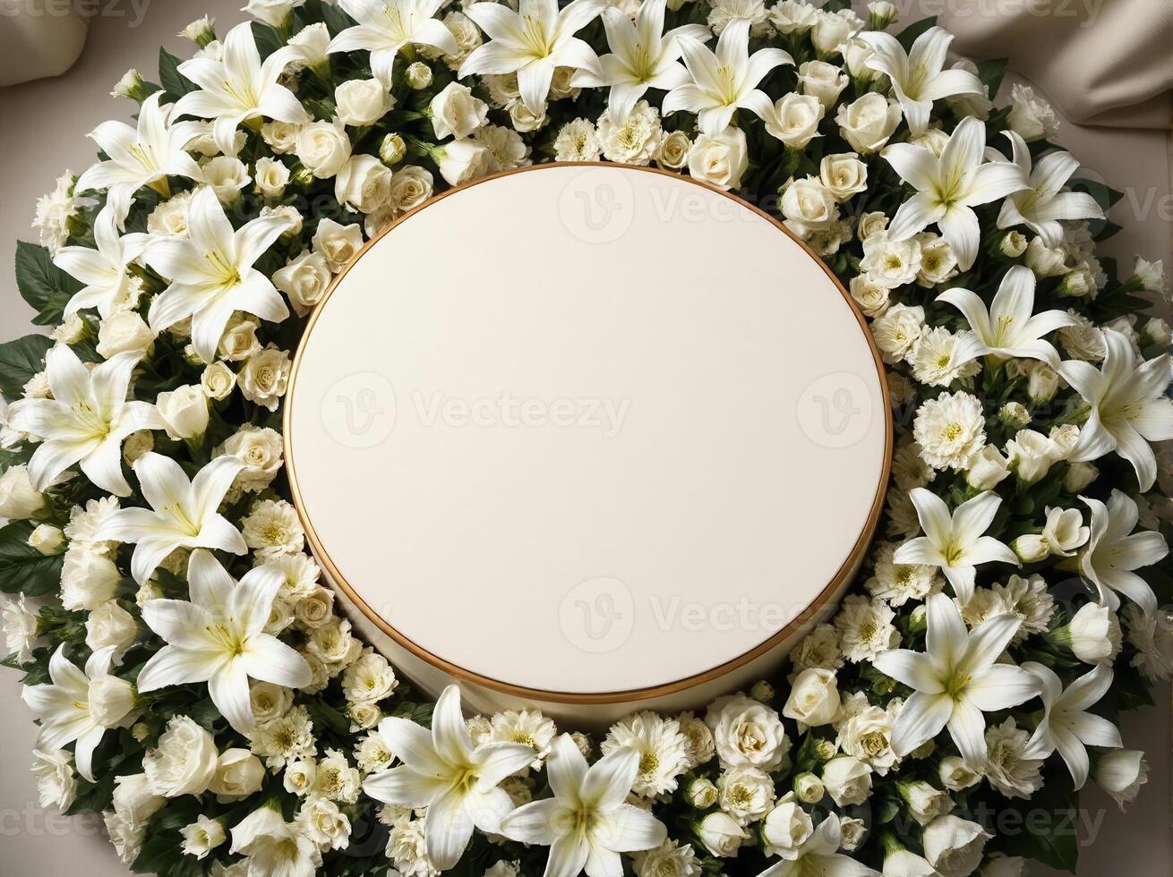Top down view of an empty podium surrounded by white funeral flowers in a serene setting.12 photo
