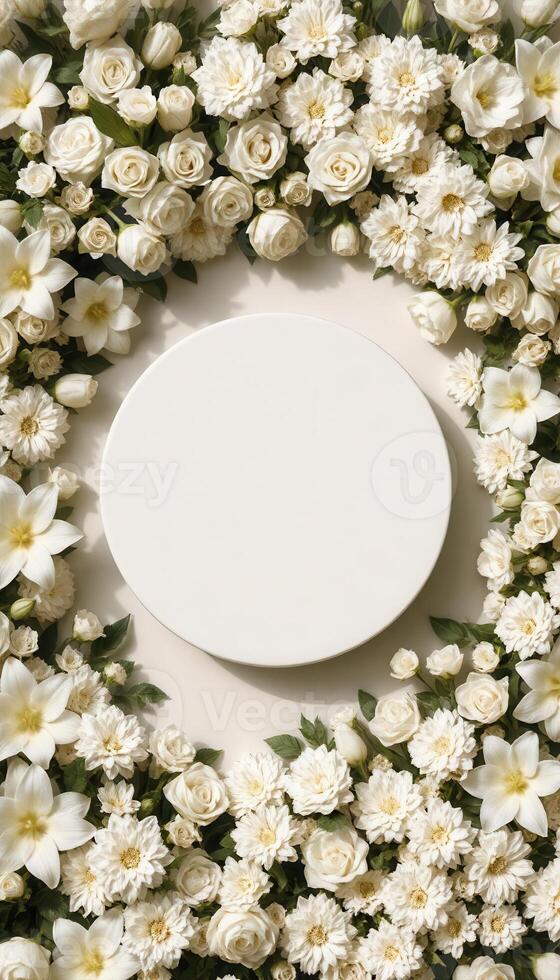 Top down view of an empty podium surrounded by white funeral flowers in a serene setting.13 photo