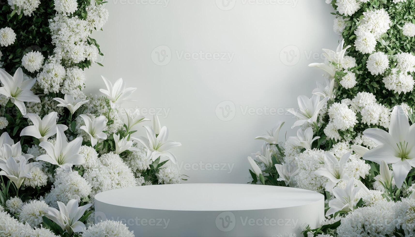 Top down view of an empty podium surrounded by white funeral flowers in a serene setting.00000 photo