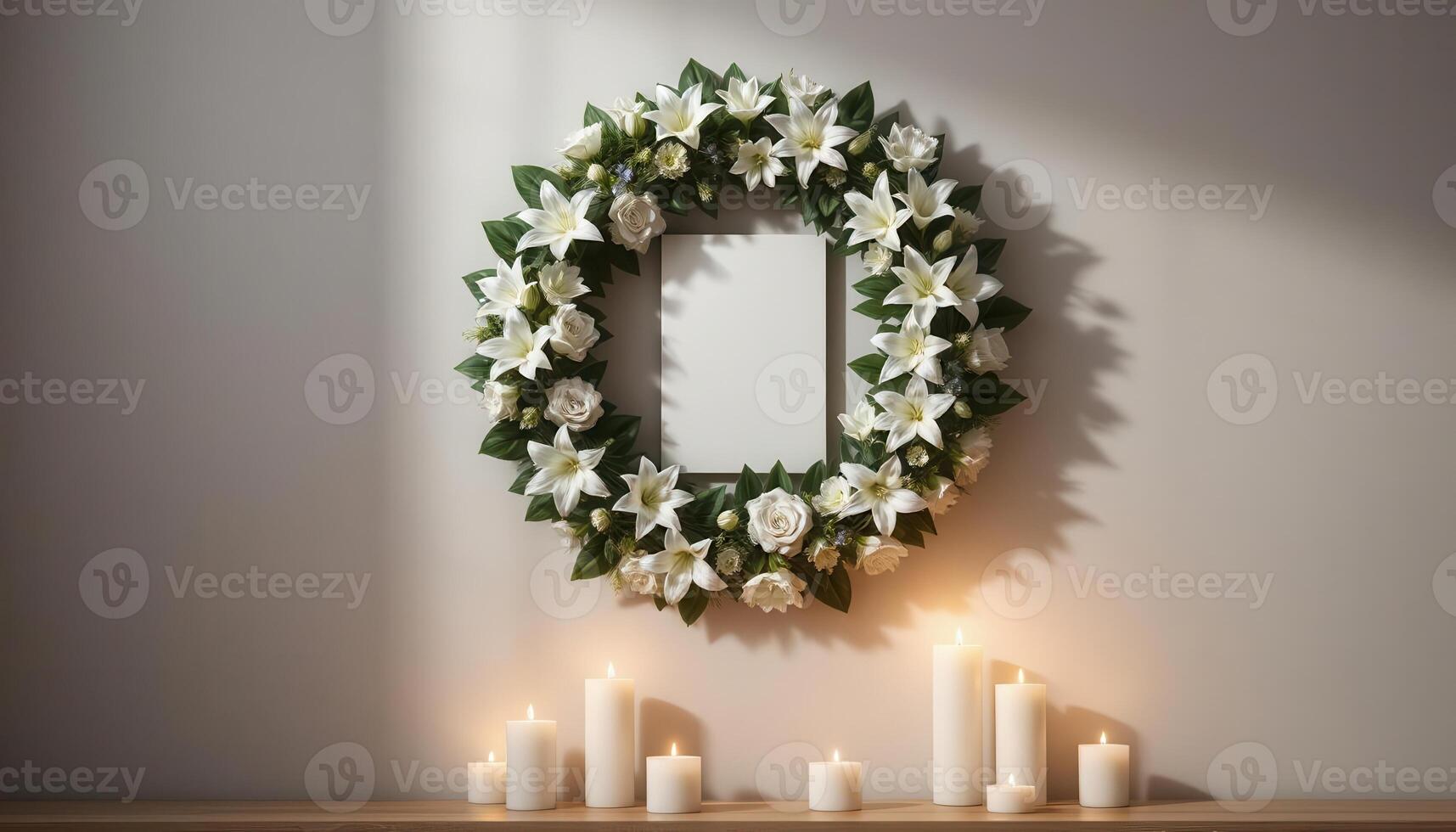 Funeral wreath with an empty center for text or photo, hanging on a plain wall with white candles burning below, creating a solemn atmosphere.26 photo
