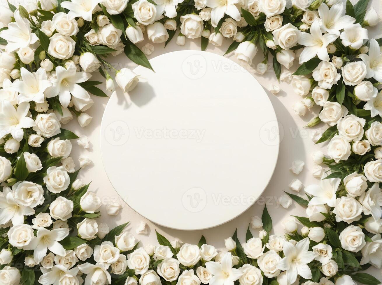 Top down view of an empty podium surrounded by white funeral flowers in a serene setting.15 photo