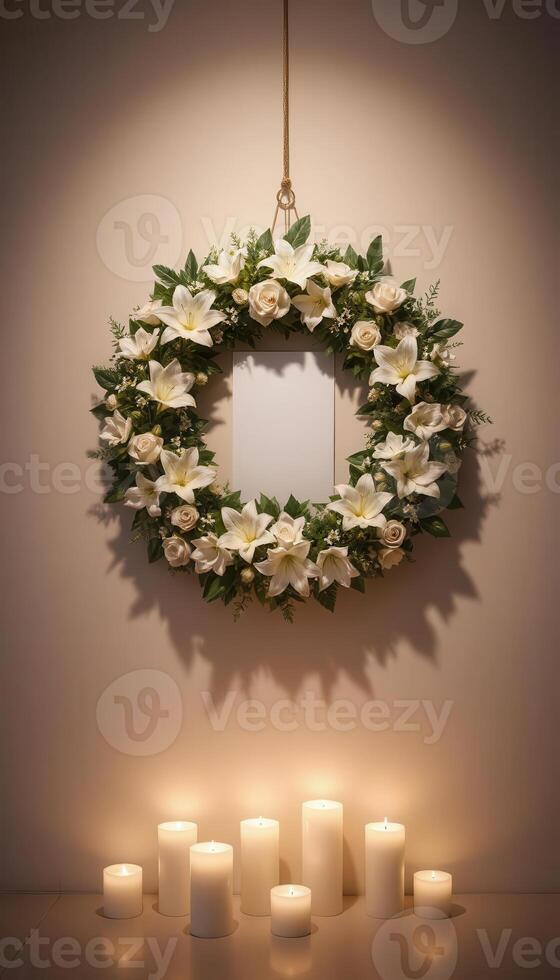 Funeral wreath with an empty center for text or photo, hanging on a plain wall with white candles burning below, creating a solemn atmosphere.3 photo