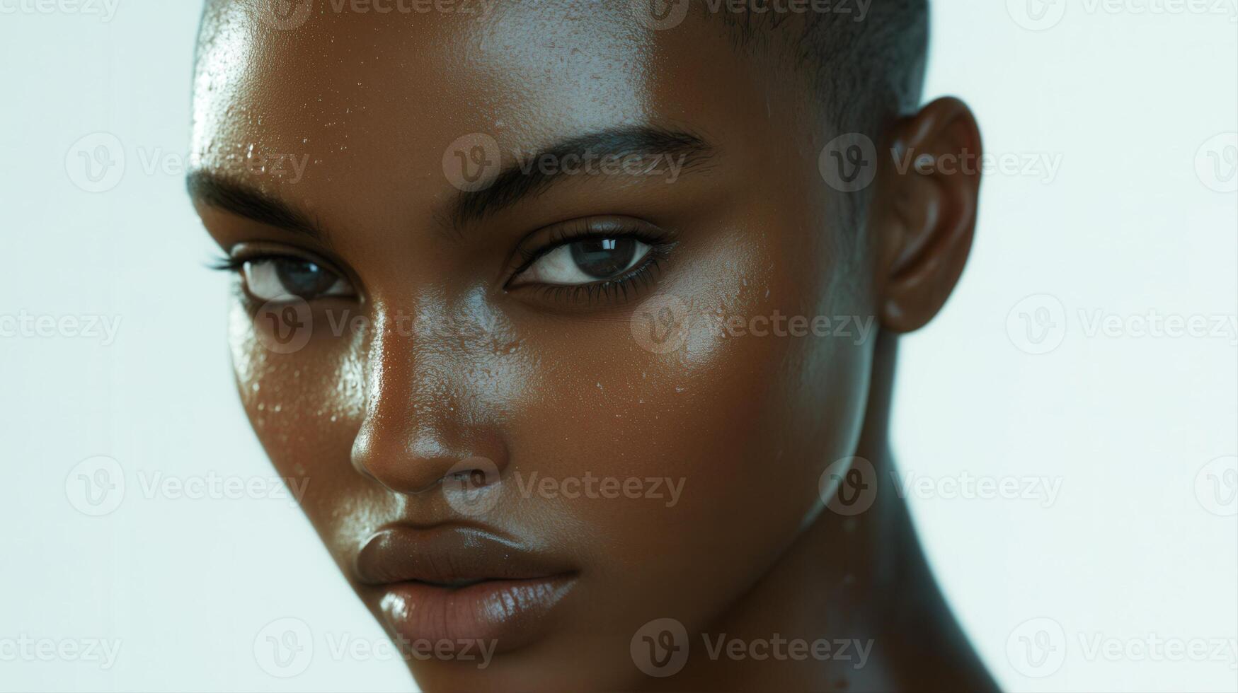 A close up of a woman with a wet face photo