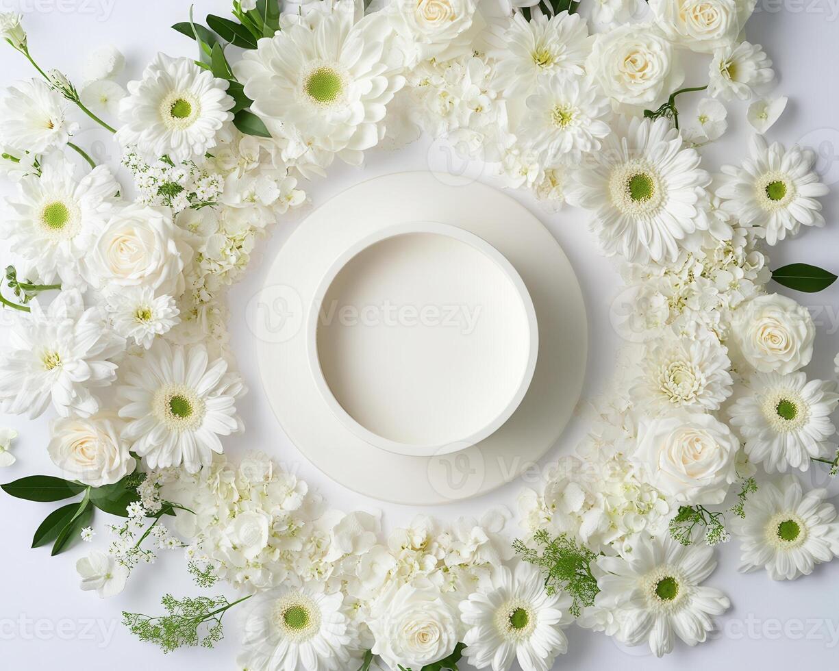Top down view of an empty podium surrounded by white funeral flowers in a serene setting.nz photo