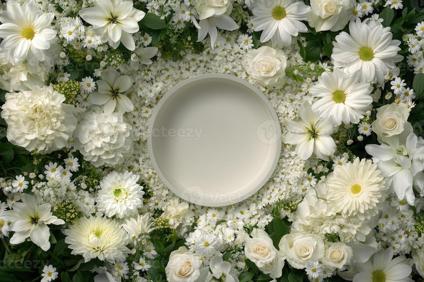 Top down view of an empty podium surrounded by white funeral flowers in a serene setting.a photo