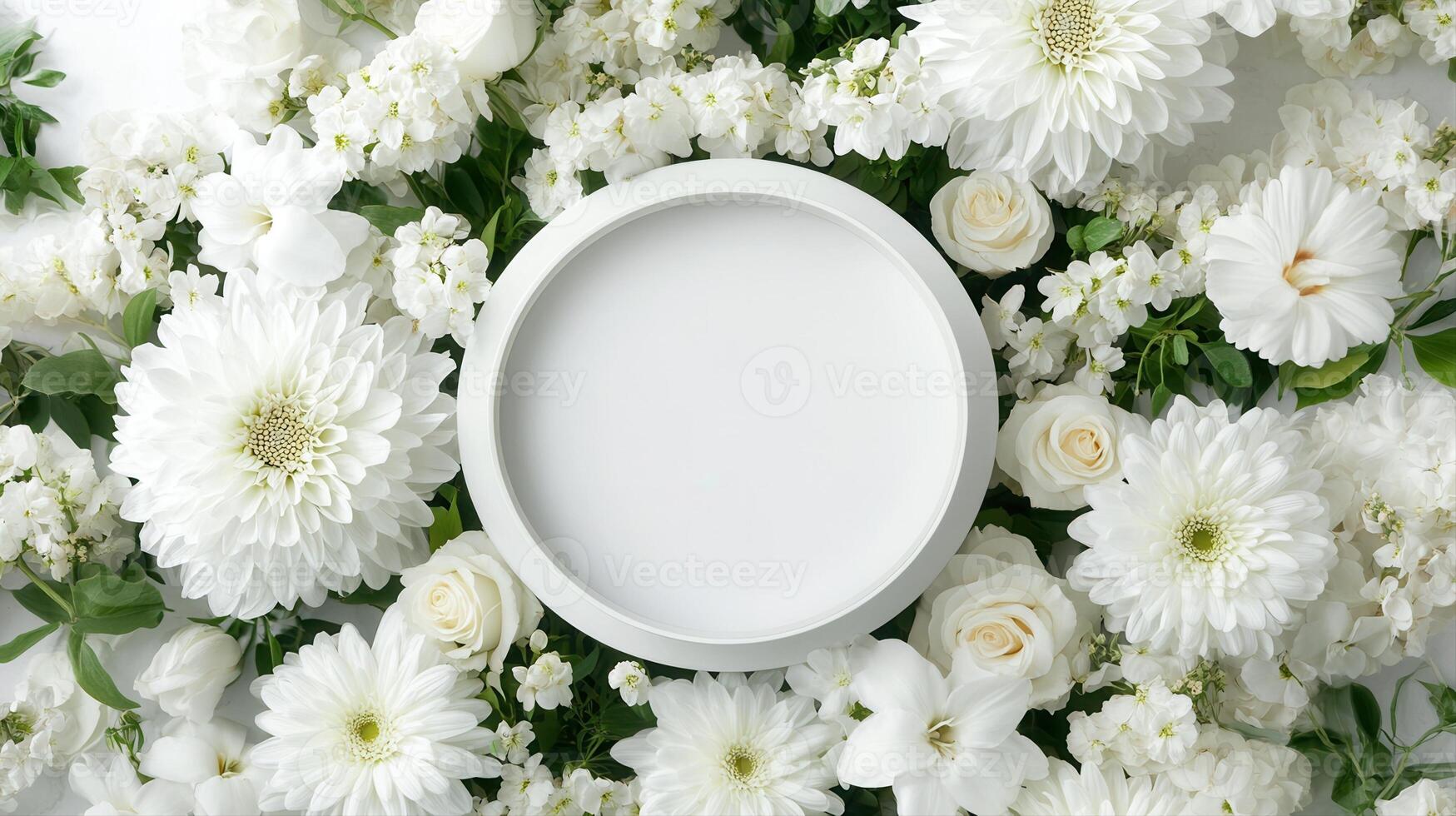 Top down view of an empty podium surrounded by white funeral flowers in a serene setting.e photo