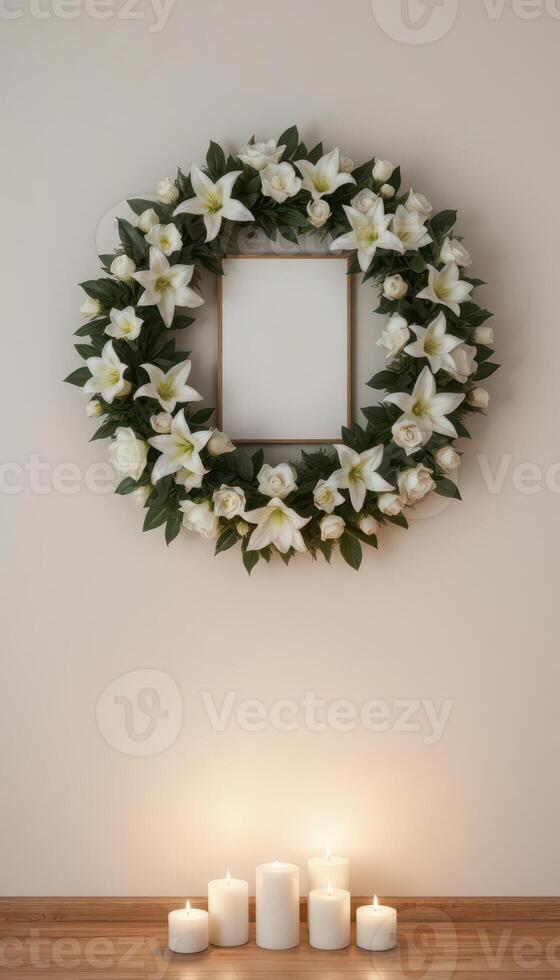 Funeral wreath with an empty center for text or photo, hanging on a plain wall with white candles burning below, creating a solemn atmosphere.7 photo