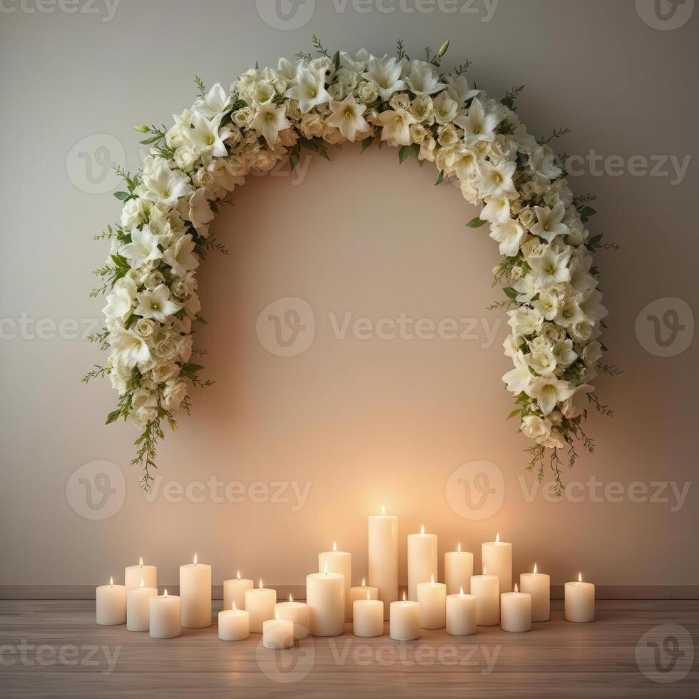 Funeral wreath with an empty center for text or photo, hanging on a plain wall with white candles burning below, creating a solemn atmosphere.17 photo