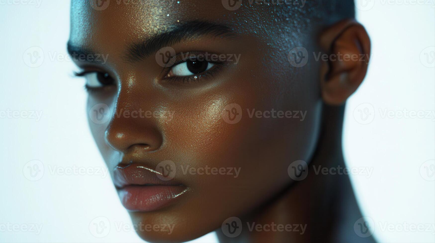A close up of a woman with a shiny face photo