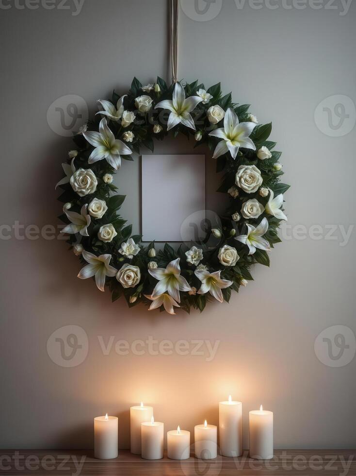 Funeral wreath with an empty center for text or photo, hanging on a plain wall with white candles burning below, creating a solemn atmosphere.8 photo