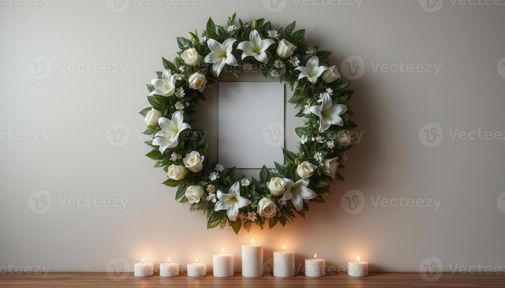 Funeral wreath with an empty center for text or photo, hanging on a plain wall with white candles burning below, creating a solemn atmosphere.10 photo