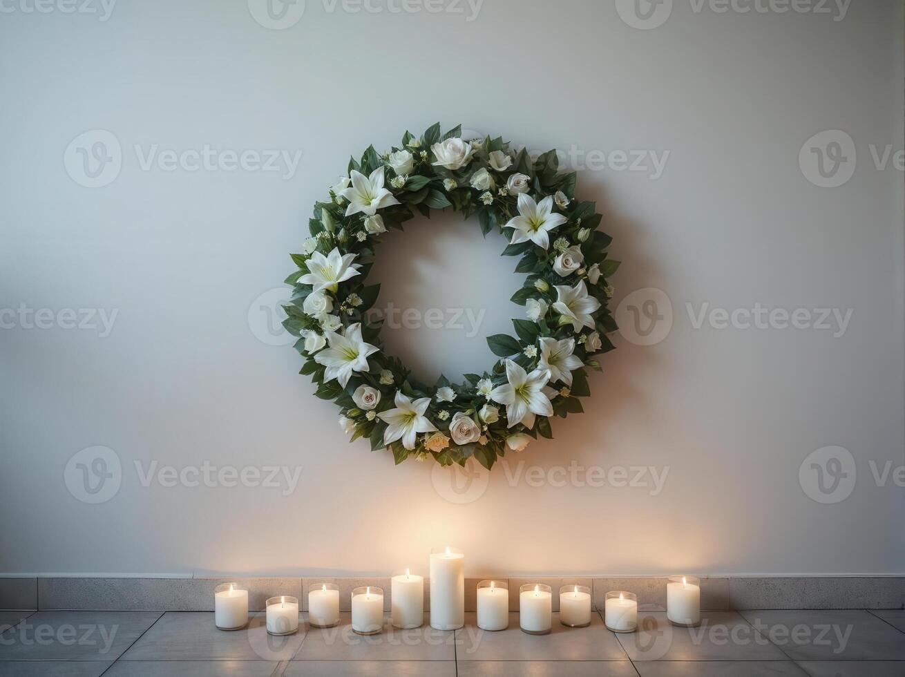 Funeral wreath with an empty center for text or photo, hanging on a plain wall with white candles burning below, creating a solemn atmosphere.12 photo