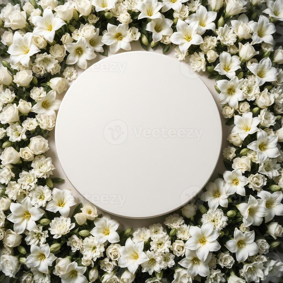 Top down view of an empty podium surrounded by white funeral flowers in a serene setting.19 photo