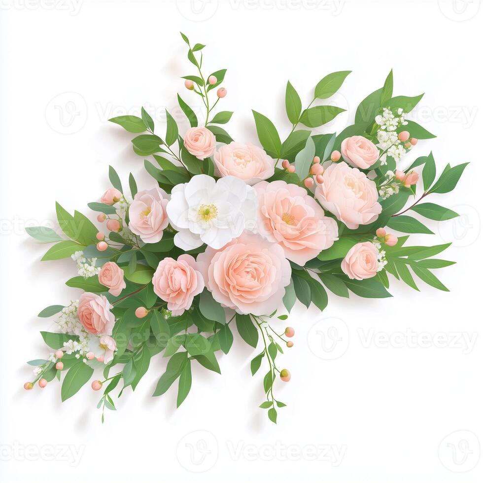Bouquet of pink and white flowers, predominantly roses. Green leaves,small white florals add to the natural charm of the bouquet. isolated white background, feel is elegant, romantic,fresh. photo