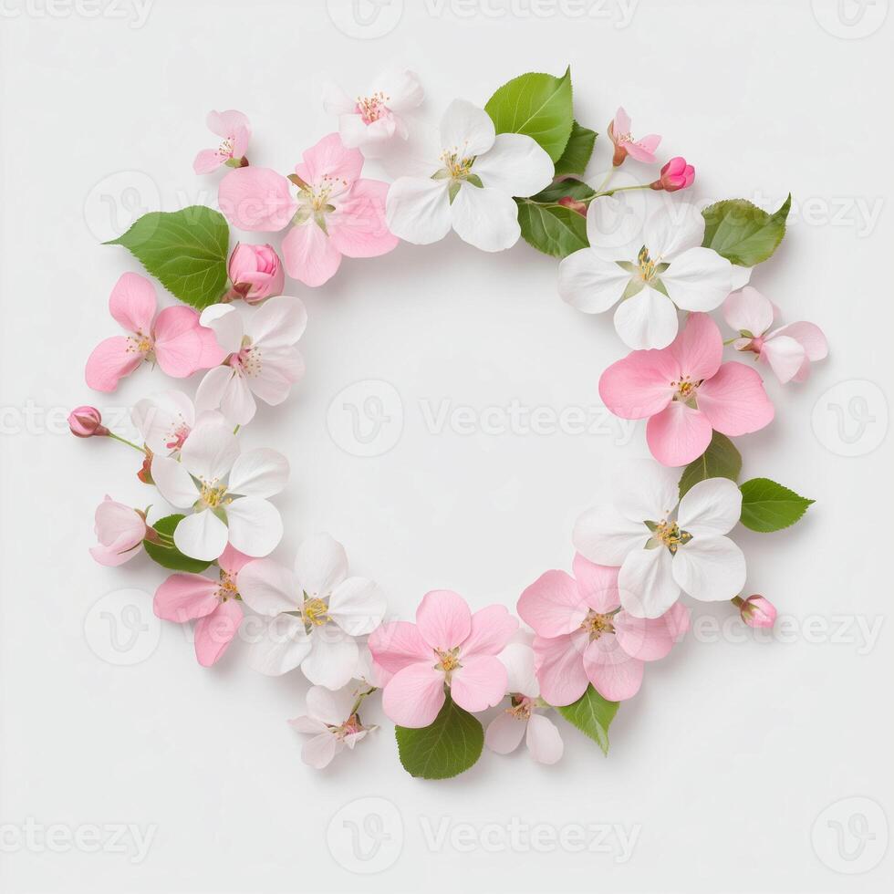 Greeting wreath of pink and white flowers,circle flower,Green leaves isolate on white background.elegant flowers frame feminine,ideal for invitations,love theme like valentine,mather day card photo