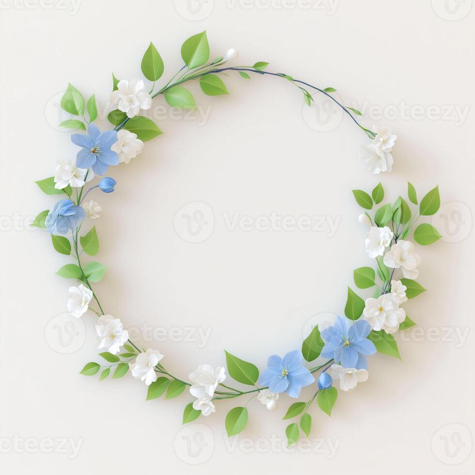 a delicate wreath of blue and white flowers,forget-me-nots,ample copy space. flowers are arranged in a circular pattern,elegant circle flower frame,Green leaves, ideal for invitations,announcements photo