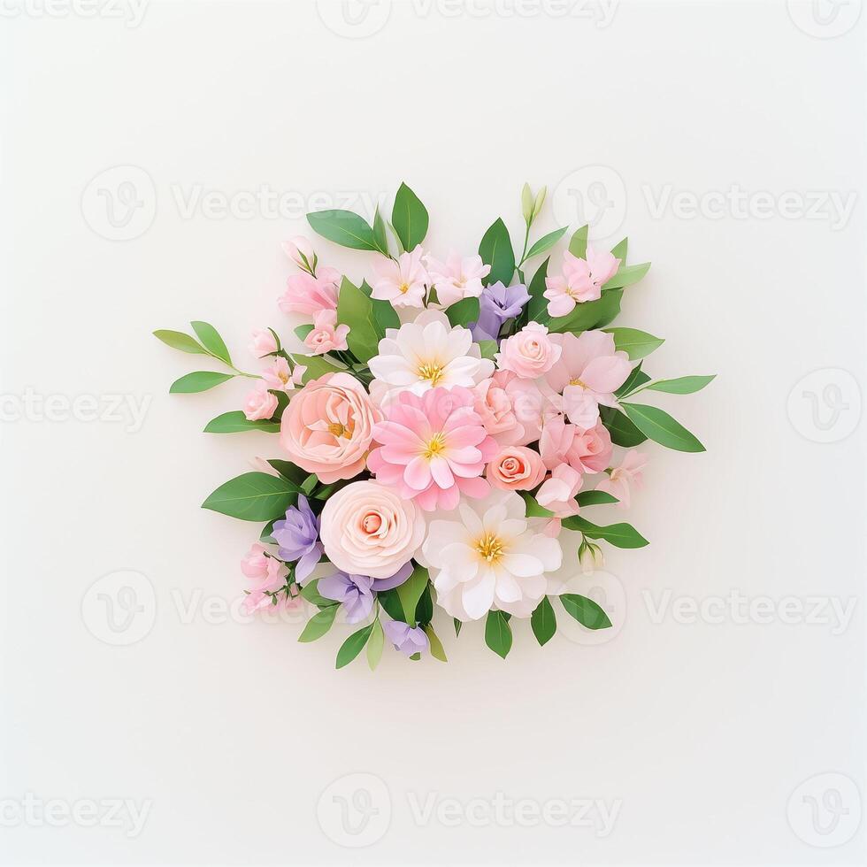 A charming bouquet of paper flowers in pastel shades of pink, white,purple, isolate white background. The flowers are crafted with intricate detail, resembling roses, daisies, and other blossoms photo
