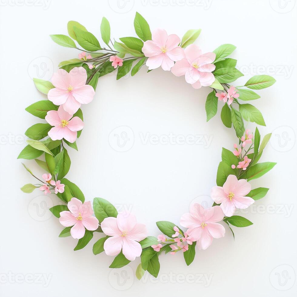 Elegant floral wreath with delicate pink flowers and lush green leaves on a white background. Perfect for wedding invitations, greeting cards, branding, and decorative designs. photo