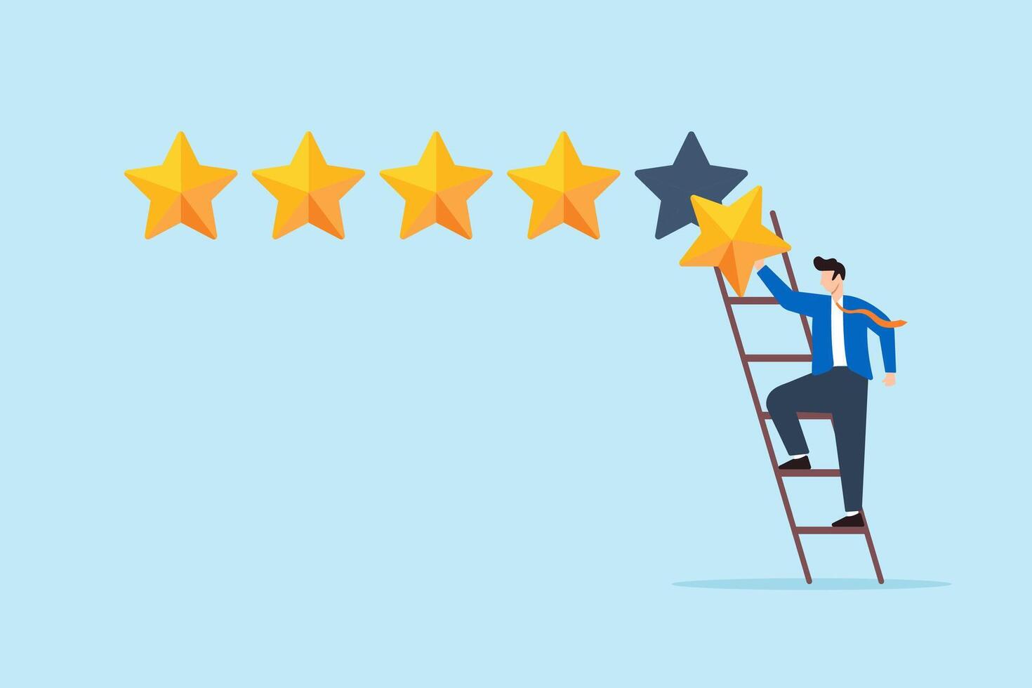 Flat illustration businessman climb up ladder to place fifth star representing 5 star rating for high quality service vector