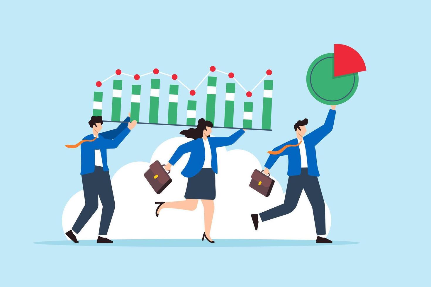 Flat illustration business people carry bar graph and pie chart symbolizing data driven insight and analytic vector
