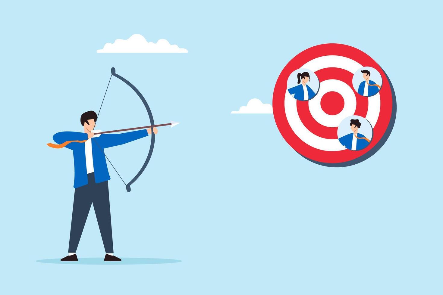 Flat illustration businessman shoot arrow at target representing people symbolizing finding right audience vector