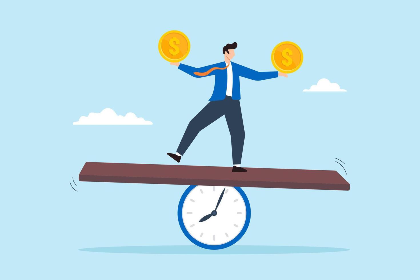 Flat illustration businessman investor balance money on clock seesaw symbolizing time value of money vector