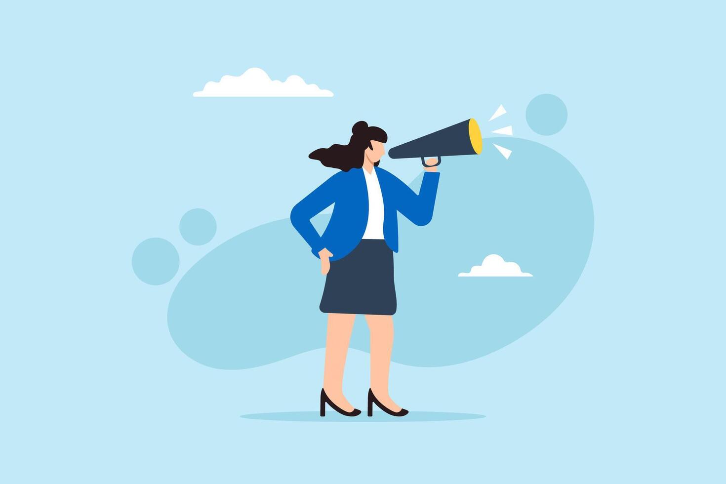Flat illustration confident businesswoman speak out loud on megaphone showcasing leadership and storytelling skill vector