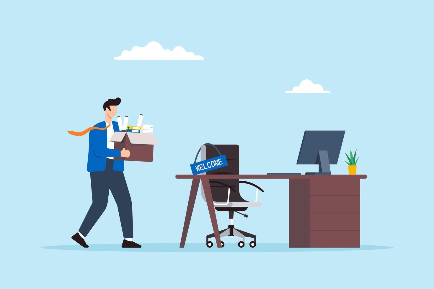 Flat illustration businessman walk to welcoming office desk hold box symbolizing starting new job vector