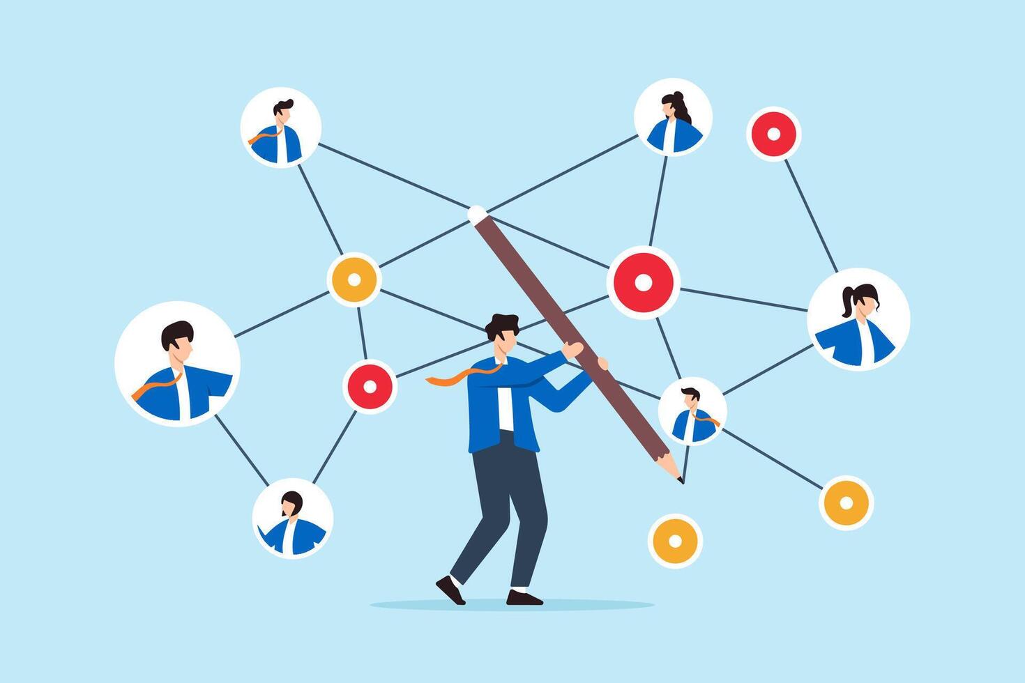 Flat illustration businessman connect networking chart with pencil symbolizing social connection for business opportunity vector