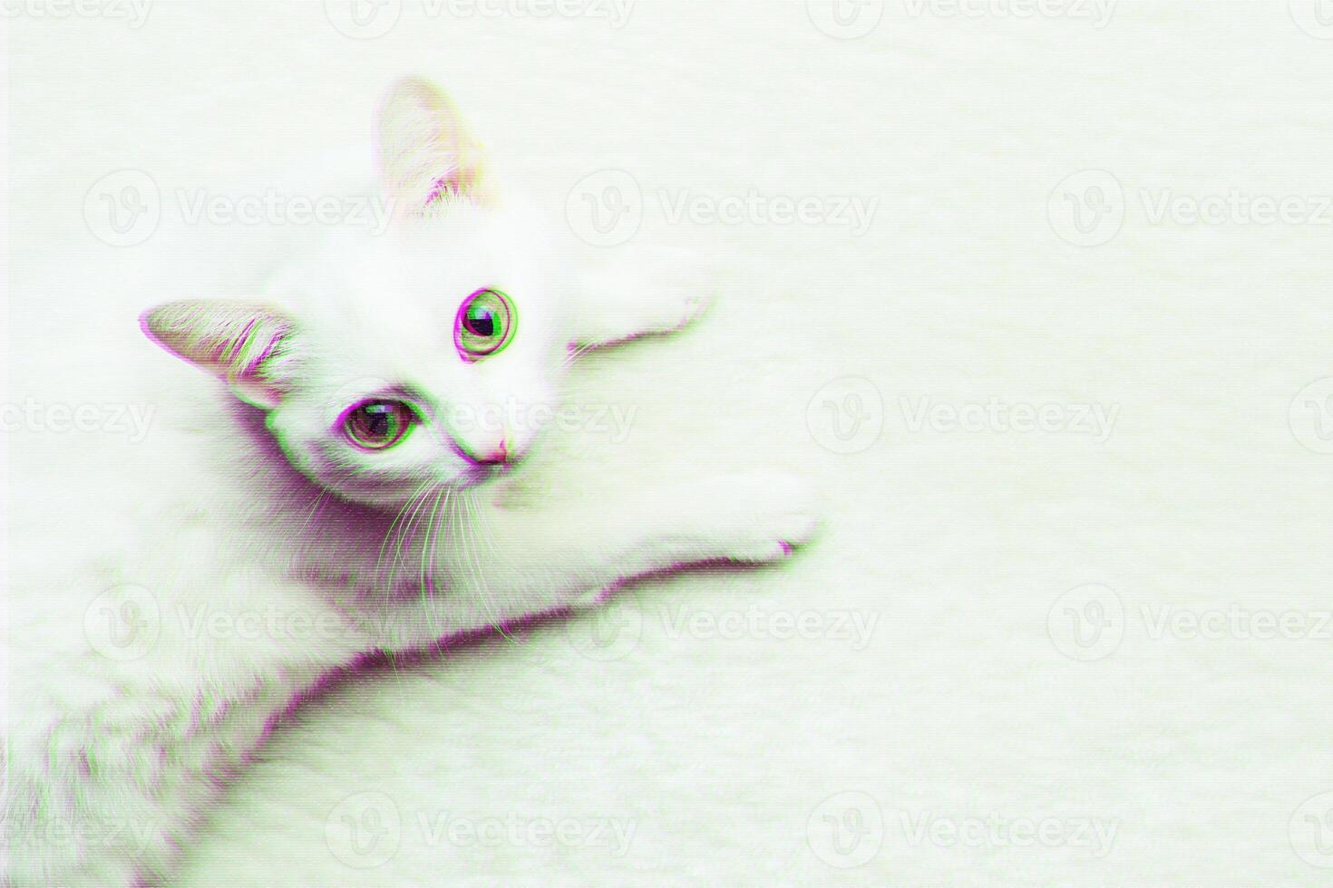 White adult cat with yellow eyes on soft carpet. Digital glitch effect photo