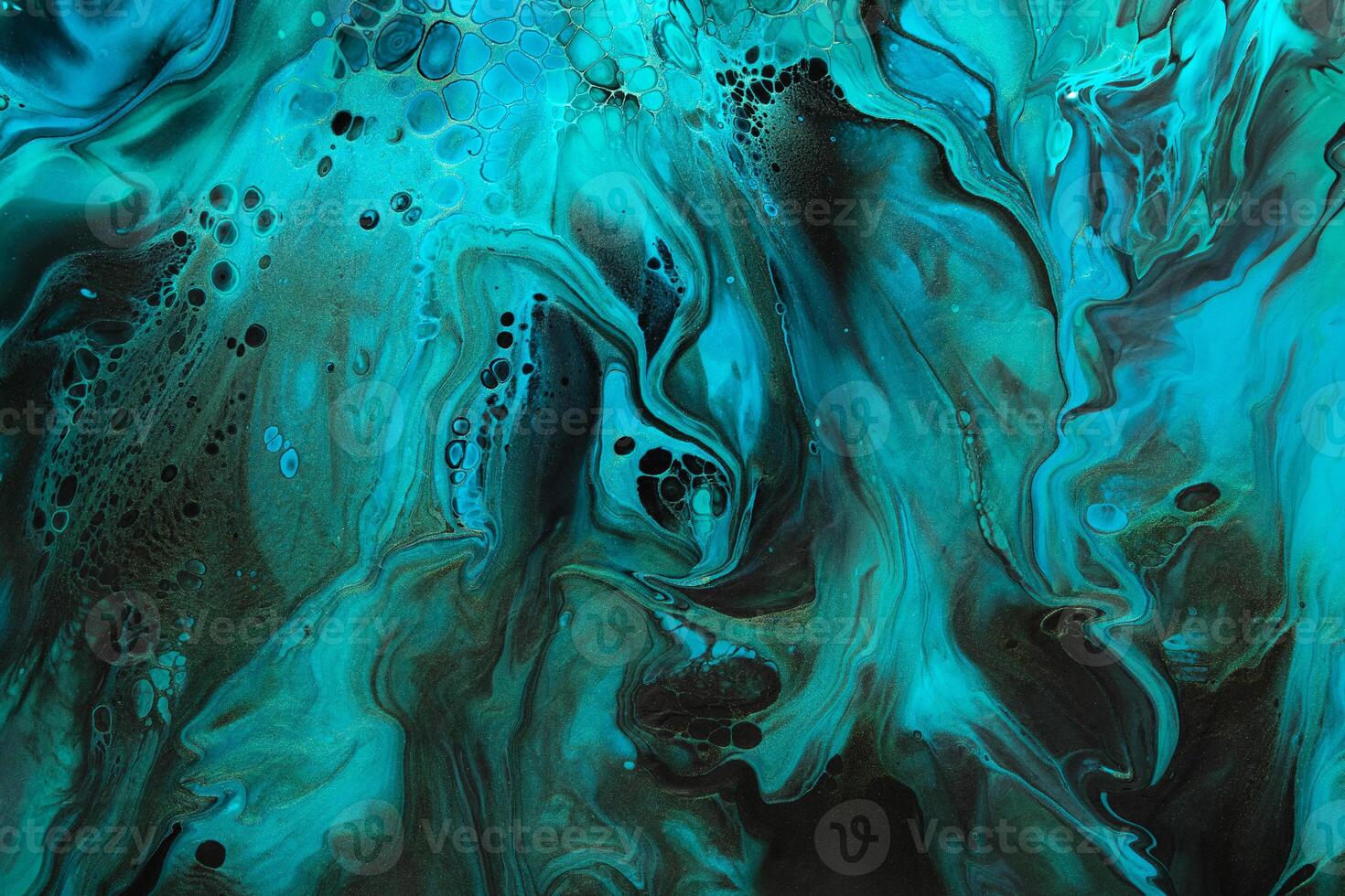 Green and blue abstract wave swirls on black background. Marble effect background or texture photo