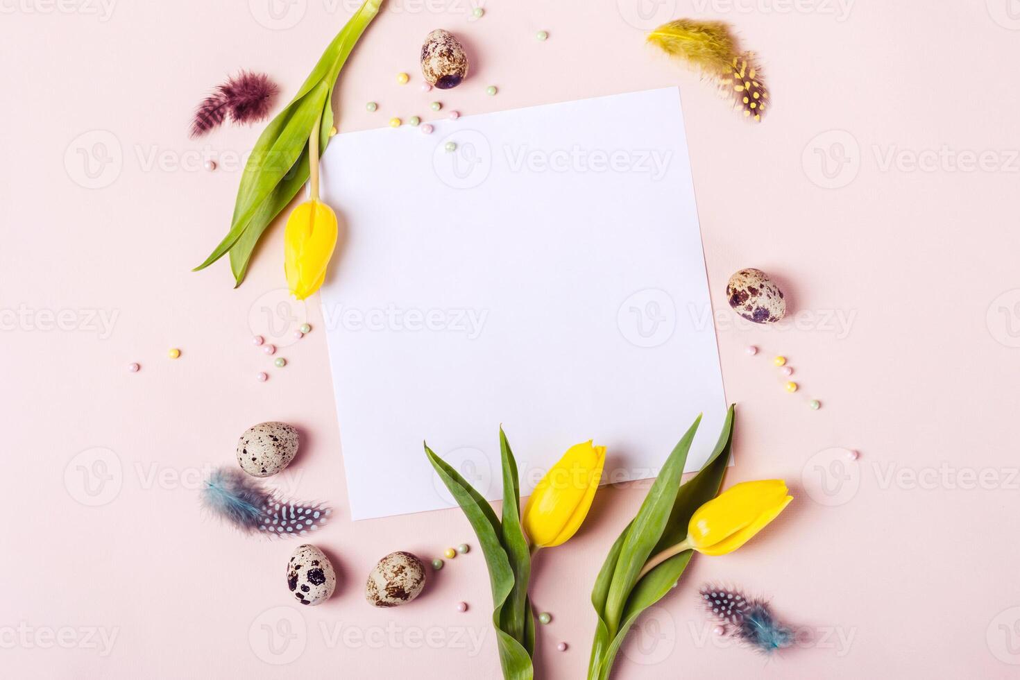Easter holiday frame for greeting message. Yellow tulips, eggs and feathers around sheet of paper photo