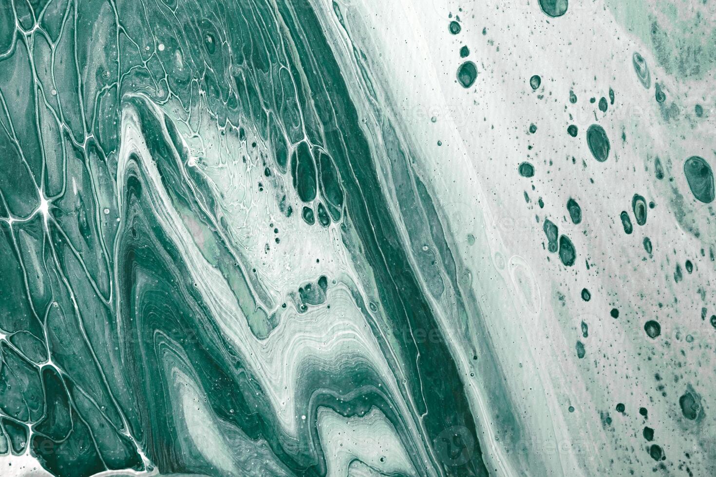 Natural Turquoise waves and frothy bubbles flow on canvas. Digital decor. Abstract stone background or texture photo