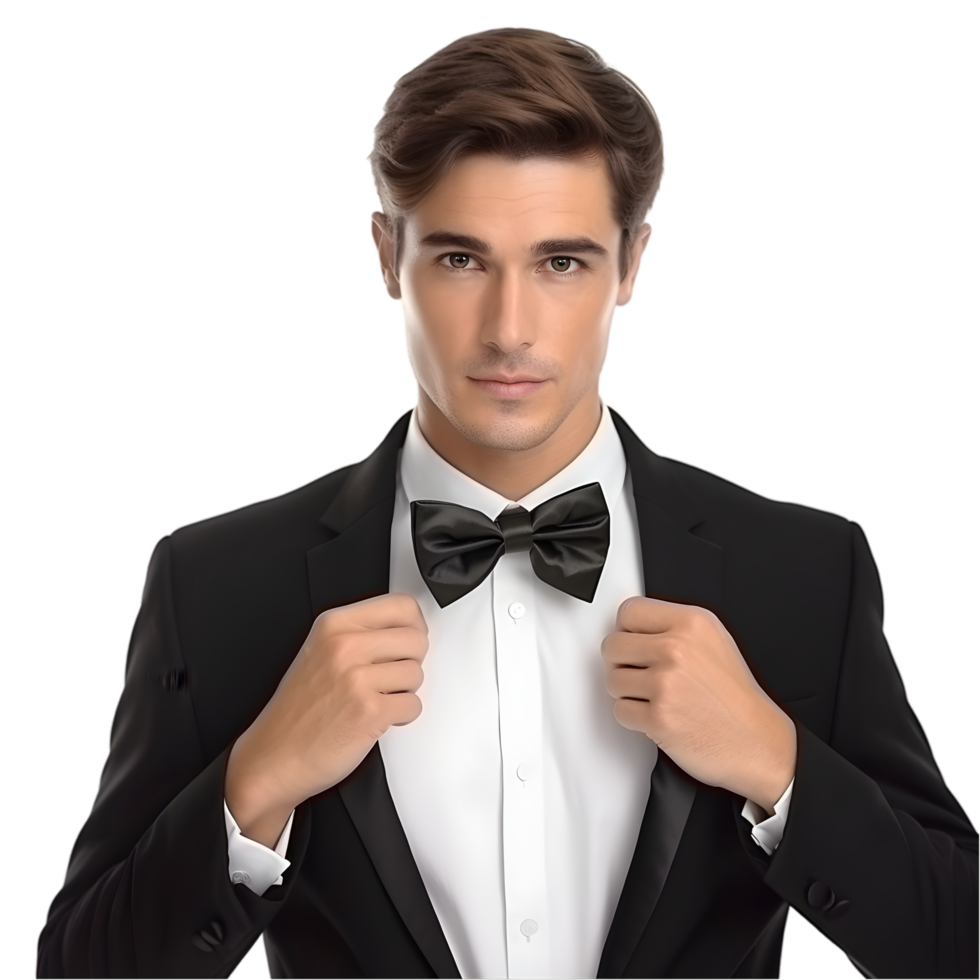 Man in tuxedo adjusting bowtie formal event portrait indoor setting close-up style and elegance png