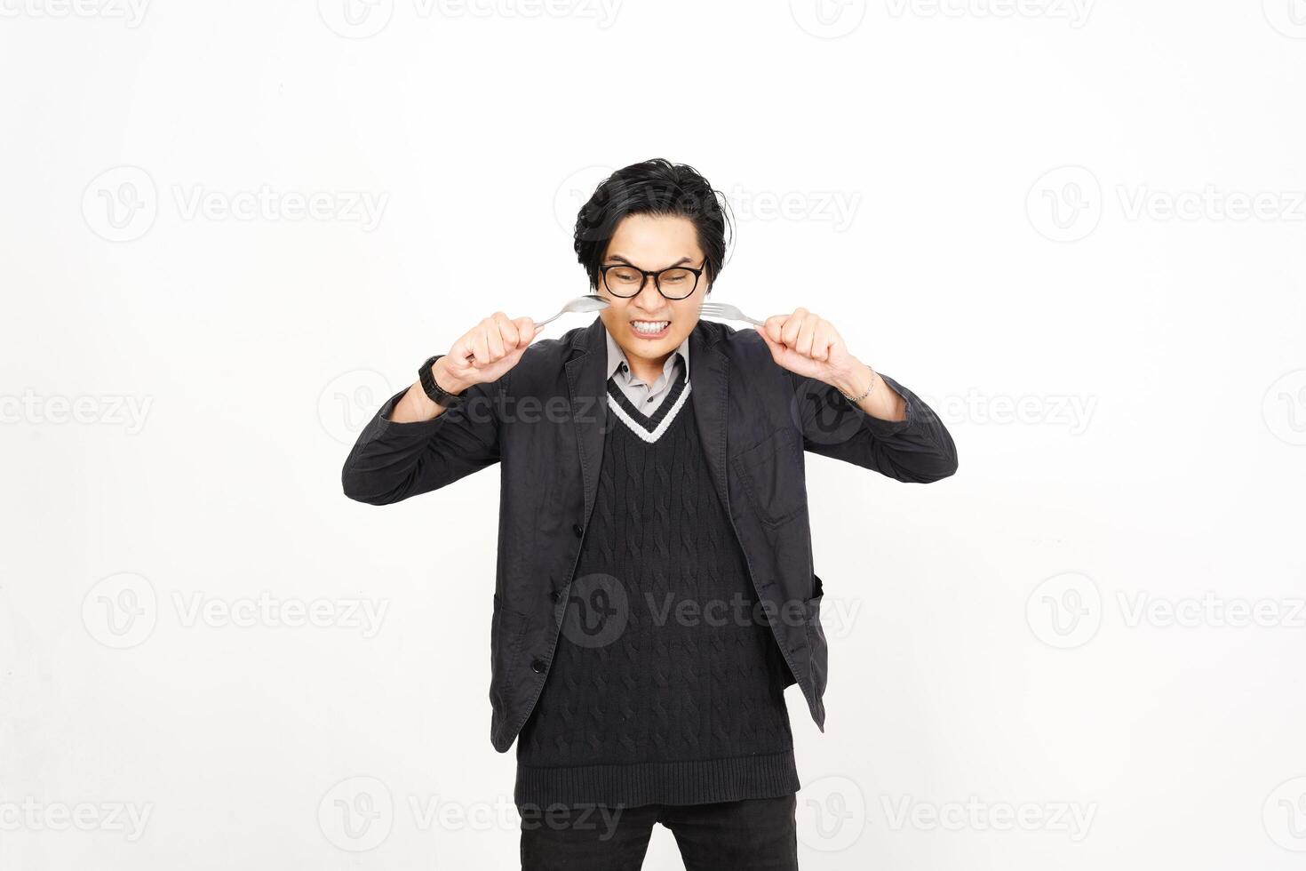 A man in a sweater and glasses is making a funny face photo