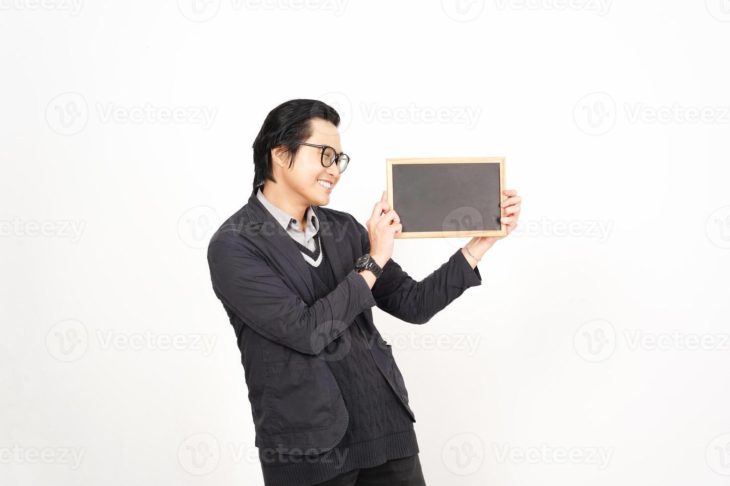 Asian man holding a blackboard and smiling photo