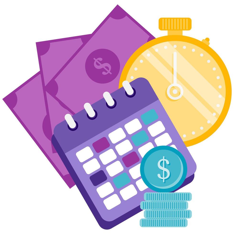 calendar in front of money and stopwatch vector